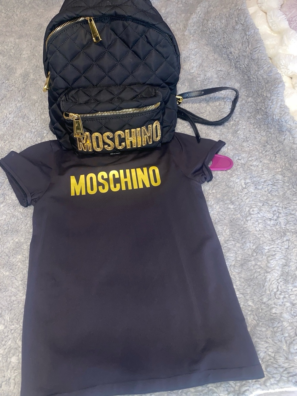 Moschino Black Quilted Backpack with Gold Logo and Hardware/ Matching top